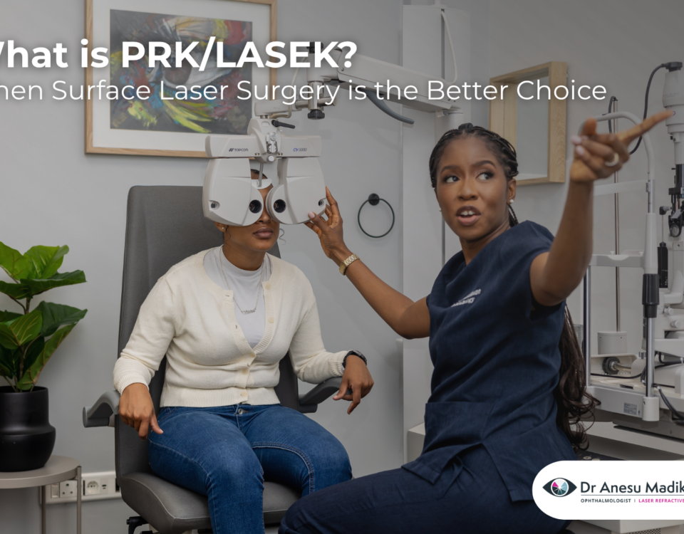 Dr Anesu Madikane conducting an eye examination for a patient before surface laser surgery.